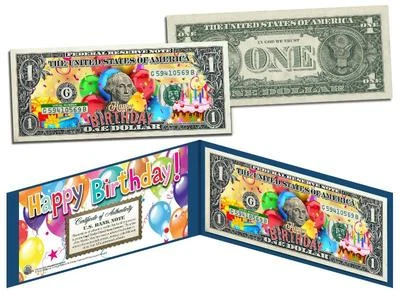 СЧАСТЛИВОГО ДНЯ РОЖДЕНИЯ сувенир подарок $1 банкнота США законное платежное средство с портфолио и сертификат подлинности - Изображение 1 из 2