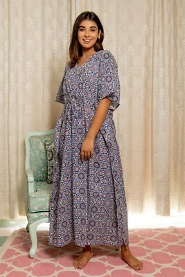Indian Block Print Kaftan Sleepwear Beach Dress Night Gown Cover up Caftan Blue - Image 1 of 4