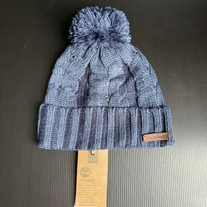 NWT Timberland Unisex One Size Navy Logo Pom Cross Knit Beanie Hat Cap - Picture 1 of 4