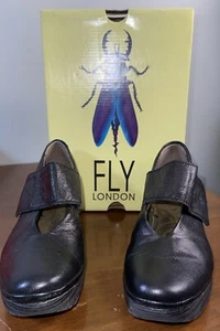FLY LONDON Yan Black Shoes 40 US 9-9.5 Wedge Wide Strap Mary Jane - Picture 1 of 10