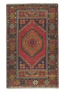 Vintage Hand-Knotted Anatolian Village Rug, Traditional Wool Carpet 3'7" X 5'5" - Picture 1 of 12
