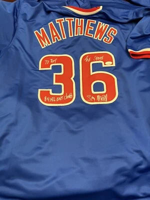 Camiseta Gary Matthews autografada inscrita 73 Roy 84 AL East Champs JSA  - Imagem 1 de 2