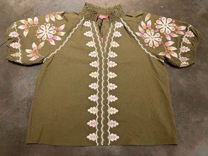 THML NWT Embroidered Floral Puff Sleeve Ruffle Collar Blouse M MSRP $105! - Picture 1 of 7