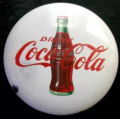 Letrero metálico botón botella Coca Cola porcelana blanca 36" original años 50 muy raro Foto 1 de 4