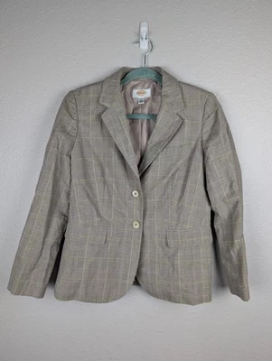 Talbots Blazer Womens 8 Petite Brown Gray Plaid Linen Blend Two Button Lined - Image 1 of 4