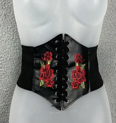 Lace Up Corset Belt Women's S Embroidered Rose Faux Leather Ships From USA - Image 1 of 4