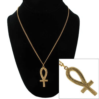 Gold Tone Distressed Egyptian Symbol Ankh Cross Pendant Necklace Curb Chain 18" - Image 1 of 4