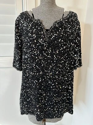 Vintage 80s 90s Scala 100% Silk Heavily Beaded Sequin Top Black Silver 1X 16  - image 1 of 4