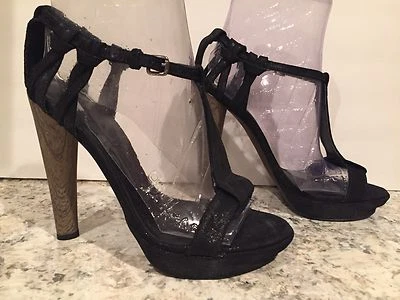 Sandalias Max Azria Jules tacón de tacón (BCBG) gamuza en relieve correa en T negras 40 10 B Foto 1 de 4