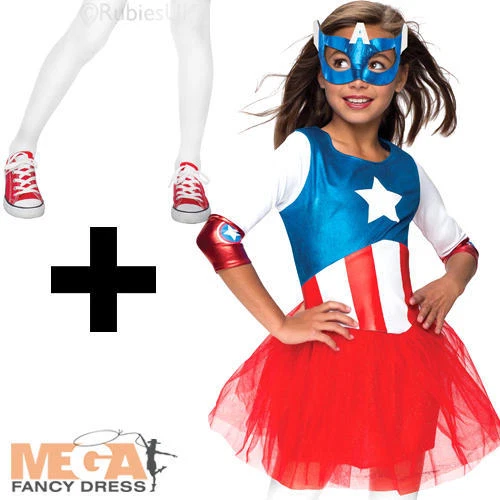 Captain America + Tights Girls Fancy Dress Marvel Superhero Kids Childs Costume - Image 1 of 1