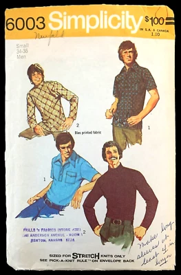 1970's Retro Mod Men Youth Leisure Shirts Turtlenecks Sew Pattern 34-36" Chest - Image 1 of 4