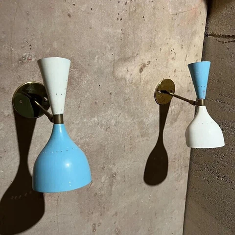 Pair Of 1950s Sensational Stilnovo Wall Sconces Double Cone Blue and White Lamp Cover