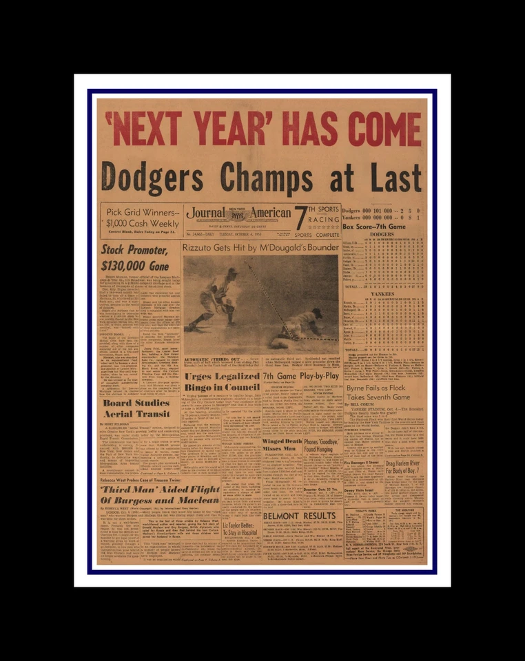 BROOKLYN DODGERS WIN WORLD SERIES MATTED PIC OF NEWSPAPER FRONT PAGE - Image 1 of 1