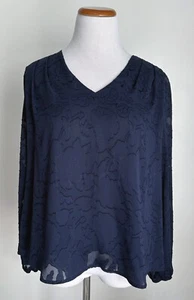 NEW! ASTR The Label Navy Blue Sheer Layered Blouse, V-Neck, Long Sleeve, Small - Picture 1 of 4