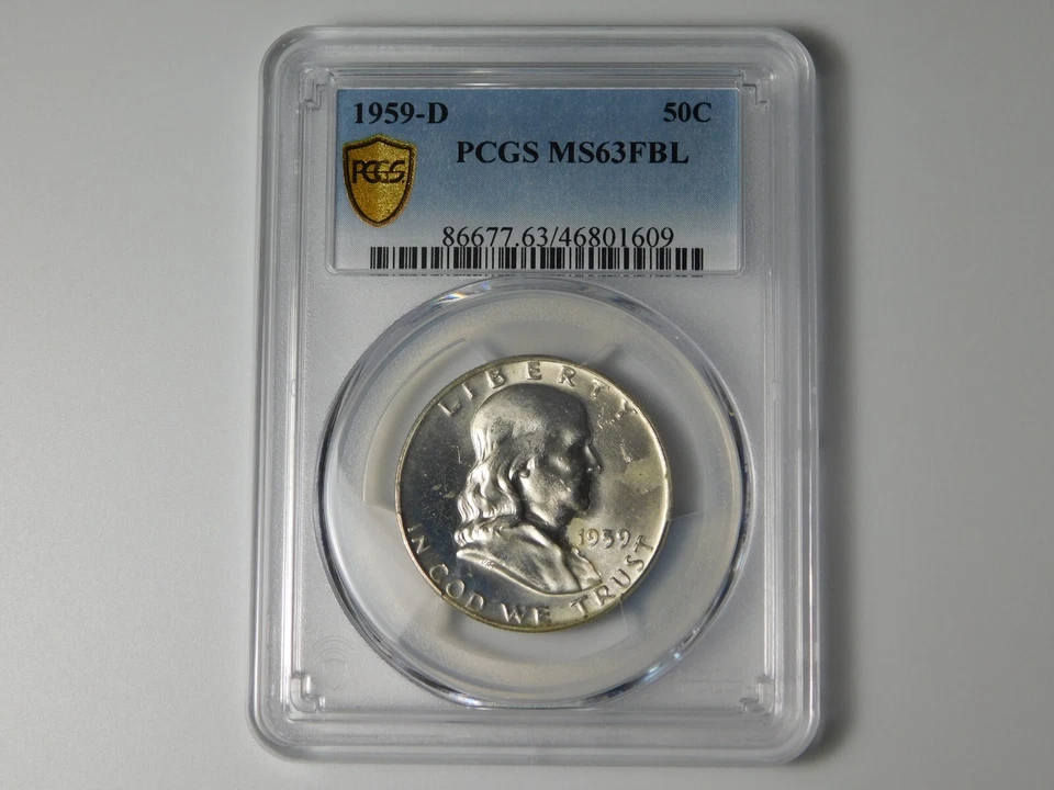 1959-D  FRANKLIN SILVER COIN HALF DOLLAR GOLD SHIELD PCGS GRADED MS63FBL - Image 1 of 4