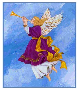 Patrón de carta de punto de cruz contado ángel musical de arte folclórico con cuerno - Imagen 1 de 4