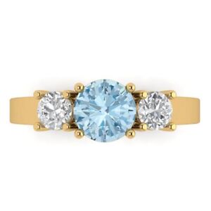 1.5 ct Round 3 stone Real Aquamarine Promise Bridal Wedding Ring 14k Yellow Gold