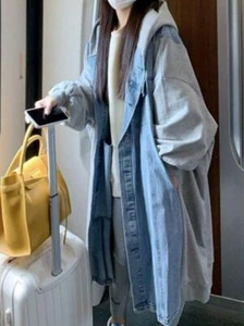 Autumn Winter Jackets for Women 2023 Hooded Patchwork Denim Jacket Long Coats - Bild 1 von 10