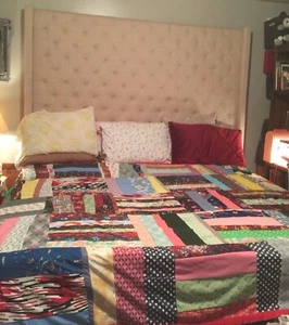 funky 70s handmade KING SIZE polyester patchwork quilt bedspread - Picture 1 of 14