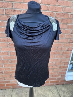 Ladies BHS black Short sleeved top, jewelled sequin Shoulders size 16 petite - Image 1 of 4
