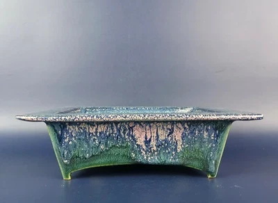 Japanese Bonsai pot FUKA signed Green glaze NAMAKO Outer edge Rctgl w7.4" *534 7 - Image 1 of 4