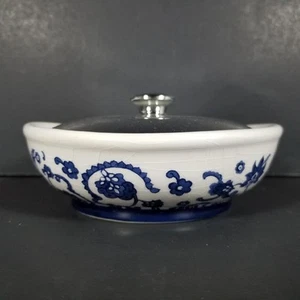 Vintage blaue Zwiebel Waschtisch Schmuckschatulle Schale Bonboniere Silberdeckel weiß Porzellan Glas - Bild 1 von 8