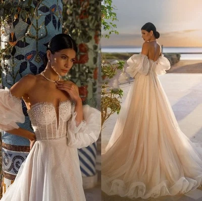 Luxury A-Line Wedding Dresses Off Shoulder Detachable Bubble Sleeves Bridal Gown - Image 1 of 4