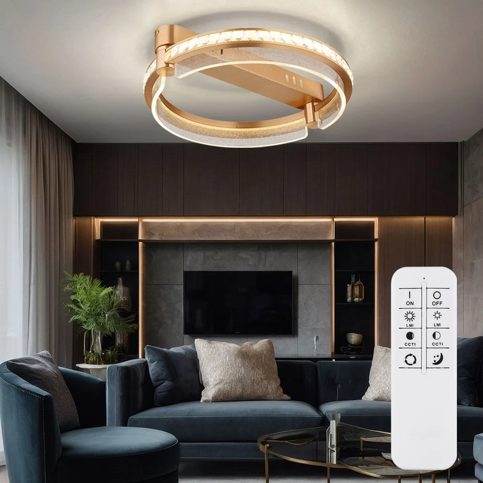 Plafoniera Lampada di Cristallo Dimmerabile Telecomando Oro LED D 40 CM - Immagine 1 di 4