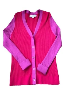 LOFT sz L fitted ribbed cardigan sweater w/ pink & red color blocking V-neck - Picture 1 of 10