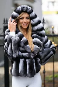 Cappotto donna vera pelliccia di coniglio cincillà rex 2025 con cappuccio caldo spesso giacca soprabito - Foto 1 di 8