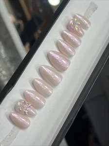🎀 CUSTOM Hard Gel Press On False Nails, FRENCH BOW 10p Set Short Almond W Kit - Picture 1 of 10