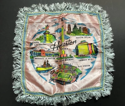RARE! Vintage Satin HOUSTON Texas LANDMARK Pillow Antique Rice University Sam - Image 1 of 4