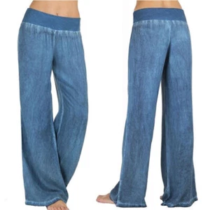 Women's Wide Leg Denim Pants Elastic Waist Loose Fit Casual Jeans Straight UK - Picture 1 of 19