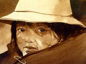 Vintage ORIGINAL Watercolor GIRL CHILD PAINTING Latin American SIGNED ERAZO - Picture 1 of 5