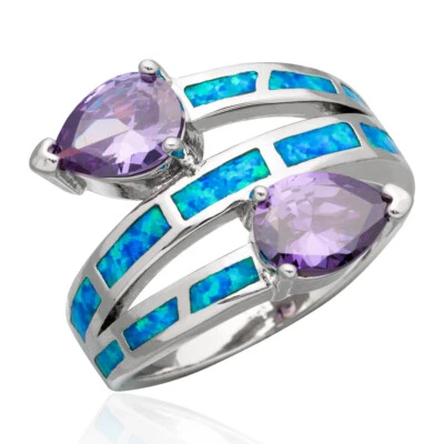 Anillo de derivación de joyería de plata ópalo de fuego azul amatista simulada 6x8 pera talla 7 8 9 Foto 1 de 4
