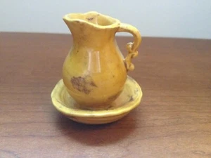 Miniature Pitcher~USED~2" Mini Ewer & Bowl~Vintage Ceramic Yellow Brown Pottery - Bild 1 von 7