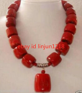 Natural Amazing Red Coral Cylinder Beads Gemstone Necklace 18"