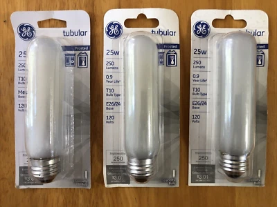 3 New GE Specialty 25W Frosted Tubular Light Bulb Medium Base T10 120V 250 lumen - Image 1 of 4