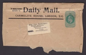 London Daily Mail KEVII ½d stationery wrapper to Swiss roughly opened 1902 - Picture 1 of 2