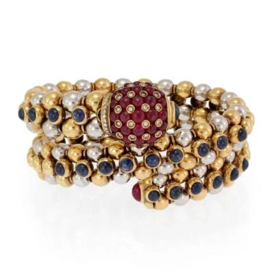 Brazalete envolvente vintage de 3 filas de diamantes y zafiros rubí de 11,25 quilates con cuentas Foto 1 de 4