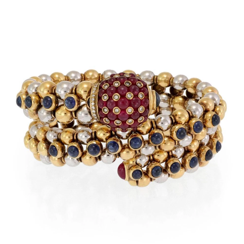 Brazalete envolvente vintage de 3 filas de diamantes y zafiros rubí de 11,25 quilates con cuentas Foto 1 de 4