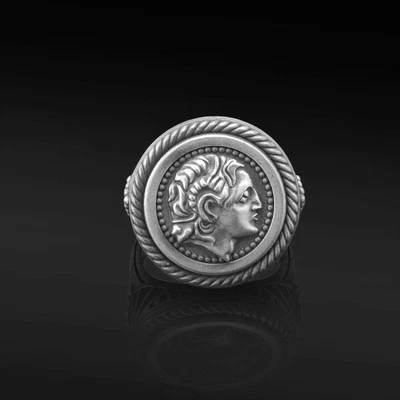 Anillo Alejandro Magno, plata de ley 925, hecho a mano estilo moneda griega antigua Foto 1 de 4