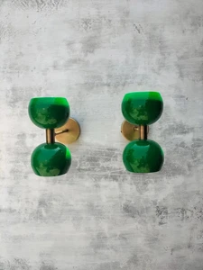 Pair Green Glass Wall Sconces - Mid-Century Art Deco Brass Light Fixture - Picture 1 of 9