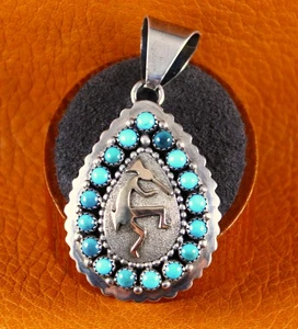 NAVAJO Ray Bennett Kokopelli ciondolo a goccia turchese 14 carati e argento sterling - Foto 1 di 5
