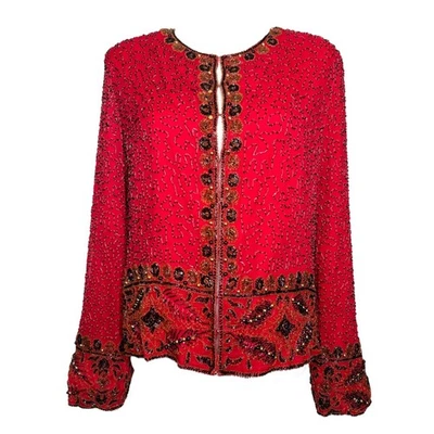 Jaqueta de seda vintage com miçangas 2X vermelha preta Art Deco Whimsigoth Laurence Kazar - Imagem 1 de 4