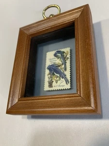 Vtg 3-Dcarved Stamp Diarama Framed 3” Blue Jay Stamp United State 5 Cent FolkArt - Picture 1 of 9