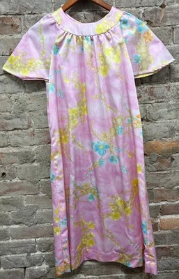 Vintage Handmade Pink w/ Floral Pattern Polyester Blend Satin Dress Youth Girl's - Image 1 of 4