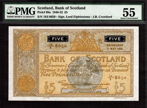 Bank of Scotland 5 sterline 1951 Pick-98a About UNC PMG 55 - Foto 1 di 2