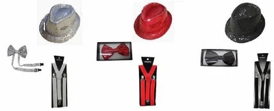 Glitter Silver Dickie Bow Tie Sequin Hat and Braces Set Multi Colour Fancy Dress - Image 1 of 2