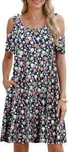 Womens plus Size Dresses Short Sleeve Cold Shoulder Casual T Shirt Swing Dress S - Picture 1 of 12
